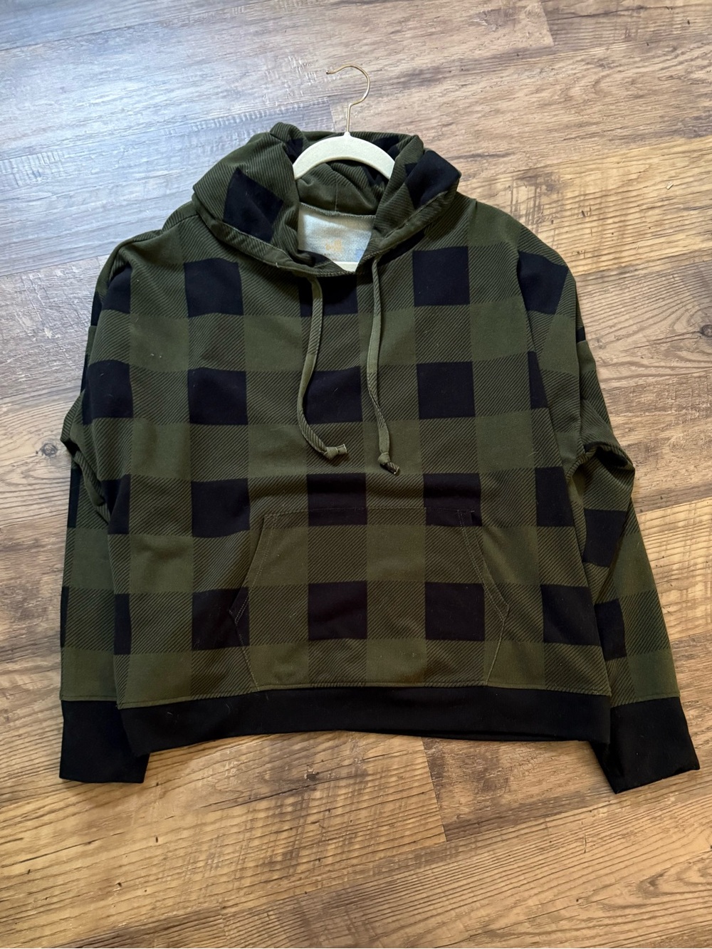 Belle by Kim Gravel Olive Green Plaid Hooded Shirt -L